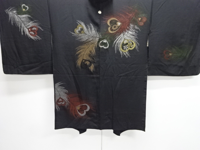 JAPANESE ANTIQUE HAORI / TAISHO ROMAN STYLE / SILK / WOVEN PEACOCK FEATHER